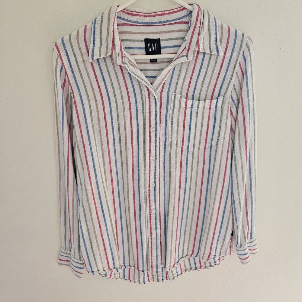 Gap Womens Linen Blend Button-Down Shirt White Stripe Pink Blue Collared